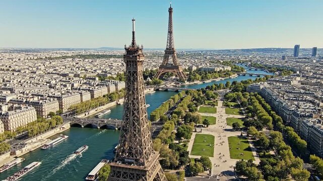 Aerial view of the Eiffel Tower in Paris, France, on a sunny day.