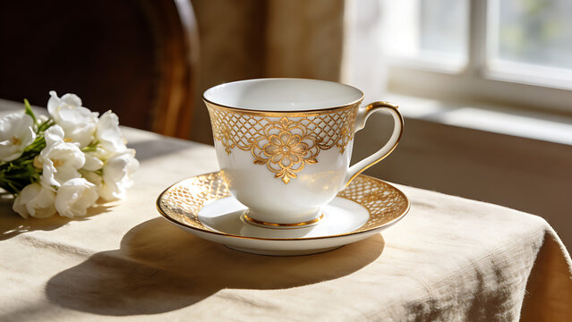 regularizing. Elegant white porcelain teacup with gold filigree patterns, soft window light highlighting delicate details. bar promotions.