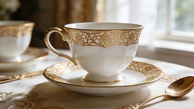 regularizing. Elegant white porcelain teacup with gold filigree patterns, soft window light highlighting delicate details. bar promotions.