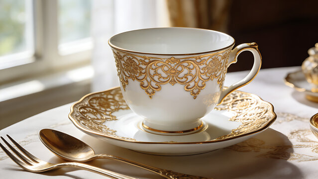 regularizing. Elegant white porcelain teacup with gold filigree patterns, soft window light highlighting delicate details. bar promotions.