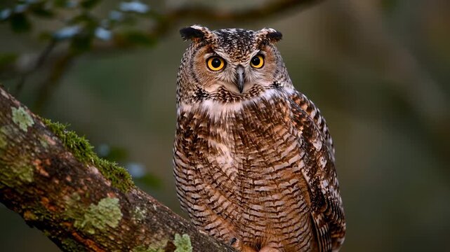 Close Up Wildlife Shot of Owl Perched on Tree Branch at Dusk with Subtle Head Movement and Forest Ambiance