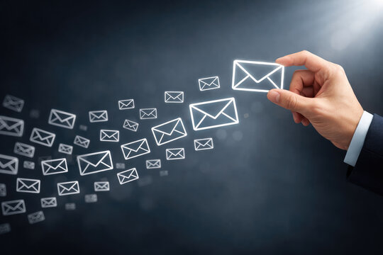 Hand holding an email icon with other email icons floating away on a dark gradient background with a light source - Powered by Adobe