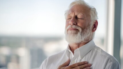 Serene senior man meditating indoors, calm and peaceful expression