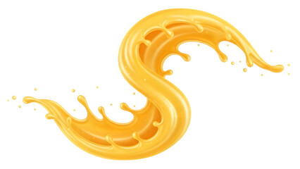 Fototapeta premium Orange juice splash in a dynamic S-shape wave with realistic liquid droplets and glossy texture on a transparent background for beverage design