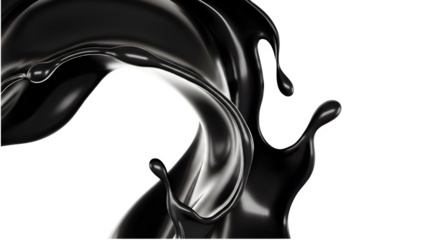 Black liquid splash with glossy viscous texture and dynamic movement for oil, ink, or paint design concepts on a transparent background