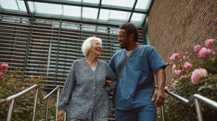 Fototapeta premium Happy senior woman assisted by caregiver walking in garden stairs