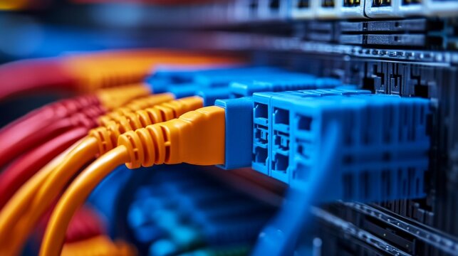 Bright cables connected to the server represent modern technology, perfectly complementing articles on digitalisation or IT infrastructure as a background.