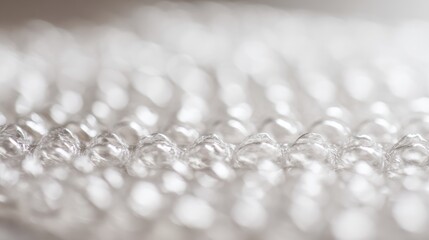 Extreme macro close-up of translucent plastic bubble wrap texture with soft focus and shallow depth of field, creating an abstract, blurred, and dreamy background for design or packaging concepts