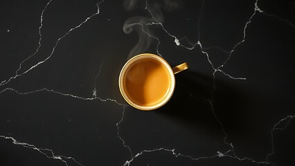 Elegant golden coffee cup on black marble, capturing warmth and sophistication in a minimalist style.