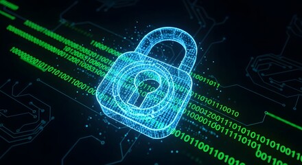 Digital security padlock with binary code and data protection concept