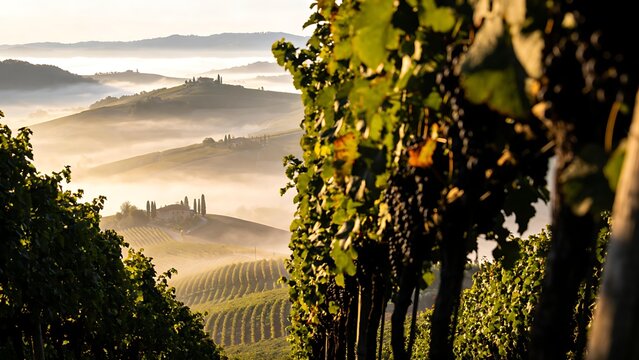 passphrase. Nebbiolo grape vineyard on Piedmont hillside with morning fog and rolling hills. travel magazines, destination branding, designed for outdoor magazines and nature guides.