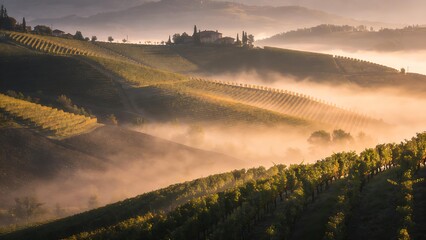 passphrase. Nebbiolo grape vineyard on Piedmont hillside with morning fog and rolling hills. travel magazines, destination branding, designed for outdoor magazines and nature guides.