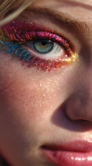 high-fashion beauty portrait with pixel eyeliner, smudged glitter