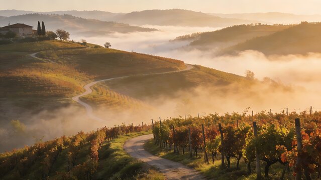 passphrase. Nebbiolo grape vineyard on Piedmont hillside with morning fog and rolling hills. travel magazines, destination branding, designed for outdoor magazines and nature guides.