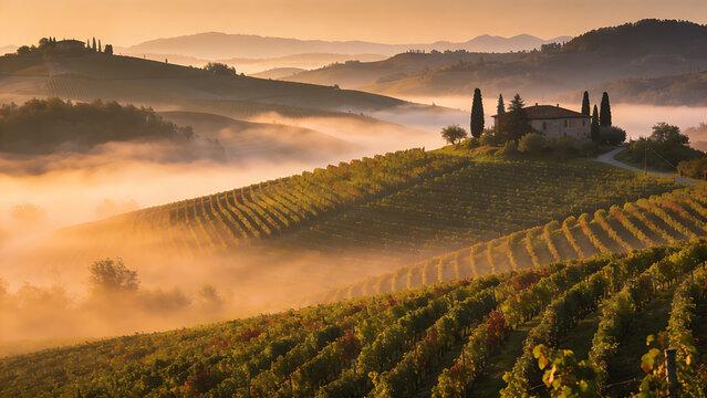 passphrase. Nebbiolo grape vineyard on Piedmont hillside with morning fog and rolling hills. travel magazines, destination branding, designed for outdoor magazines and nature guides.