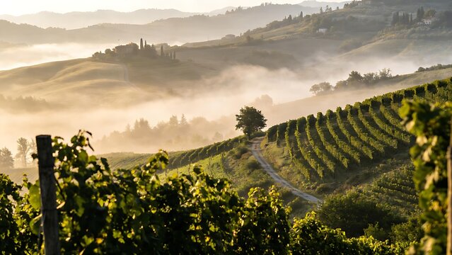 passphrase. Nebbiolo grape vineyard on Piedmont hillside with morning fog and rolling hills. travel magazines, destination branding, designed for outdoor magazines and nature guides.
