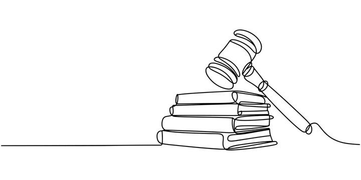 law hammer and books one line continuous single line art, Continuous single line sketch drawing of gavel law justice judge hammer and stack of books one line editable vector illustration, Continuous.