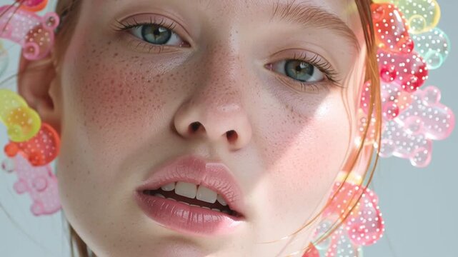 High-fashion editorial photo of model wearing oversized translucent gummy jewelry, jelly necklaces and rings
