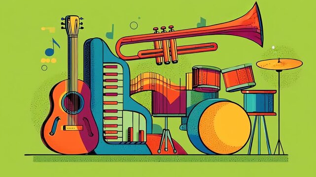 Colorful Music Instrument Collection Cartoon Style Art