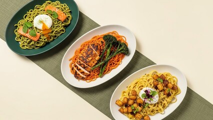 Gourmet pasta trio with diverse toppings