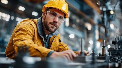 Faceless man in yellow jacket working on machine, industrial equipment operation, manufacturing worker scene, factory maintenance, with copy space