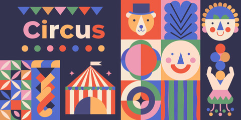 Colorful circus themed illustration with whimsical characters and geometric shapes © John Lee