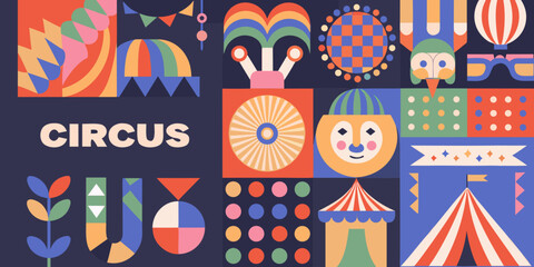 Colorful circus themed illustration with various patterns and whimsical elements © John Lee