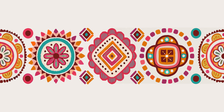 Colorful geometric pattern a seamless border with vibrant floral and diamond motifs