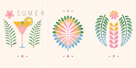 A vibrant summer themed triptych with floral tropical and cocktail illustrations © John Lee