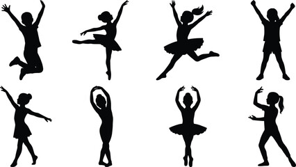 Set of children dance and ballet silhouettes performing joyful jumps and poses, black vector illustrations isolated on white background, kids movement and artistic activity clipart collection © Jakir