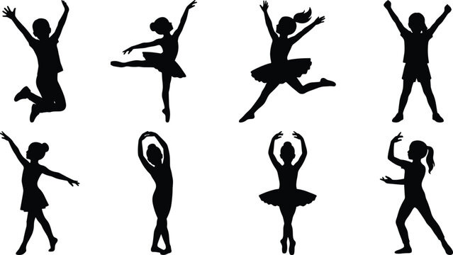 Set of children dance and ballet silhouettes performing joyful jumps and poses, black vector illustrations isolated on white background, kids movement and artistic activity clipart collection