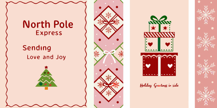 Festive christmas cards with north pole express theme and winter decorations