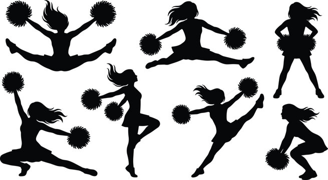 Set of cheerleader silhouettes performing dynamic jumps and poses with pom poms, black vector illustrations isolated on white background, cheerleading sport and dance clipart collection