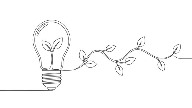 Creative idea, continuous one line art of a light bulb with growing plant symbolizing eco-friendly innovation and sustainability
