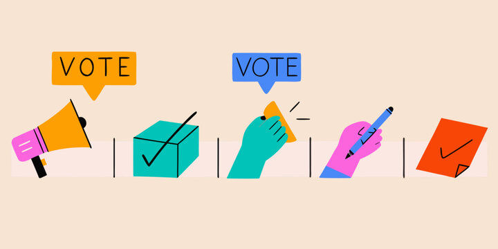 Illustration depicting voting elements speech bubble ballot hand and checkmarks
