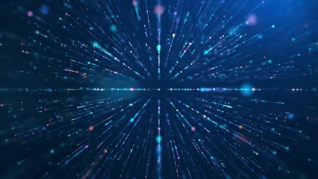 Abstract blue digital space with colorful particles exploding inward and outward.