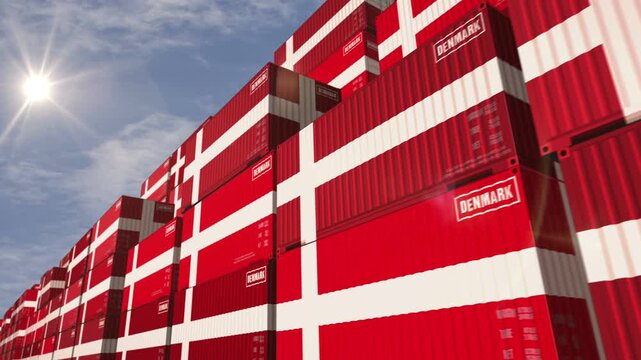 Denmark export import and production cargo containers in row seamless and looping concept. Danish flag industrial shipping box 3d loop.
