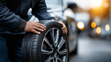 Fototapeta premium Faceless man working on car tire, wheel service activity, automotive tire maintenance, mechanic with wheel, with copy space