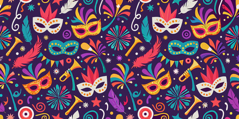 Colorful mardi gras masks feathers and festive elements seamless pattern background © John Lee