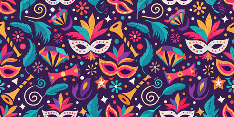 Colorful mardi gras masks and feathers pattern on a dark purple background © John Lee