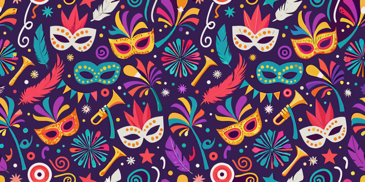 Colorful mardi gras masks feathers and festive elements seamless pattern background