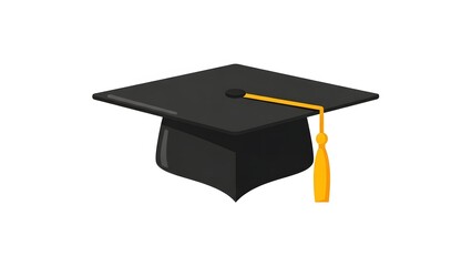 Black Graduation Mortarboard Cap with Yellow Tassel Illustration for Education, Success, and University Achievement Concepts