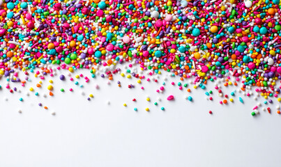 Colorful rainbow sugar sprinkles border on white background with copy space