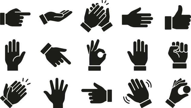 Set of hand gesture silhouettes including pointing, thumbs up, clapping and ok sign, black vector icon collection isolated on white background