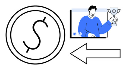 Dollar sign, man holding a trophy in a computer window, arrow conveying financial rewards. Ideal for business incentives, online earnings, achievement, motivation, success, e-commerce and digital