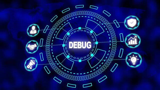 Digital Network Interface with World Map Background and Icons Related to Debugging and Problem Solving