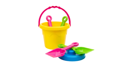 Colorful Children's Beach Toys with Bucket and Shovels on White