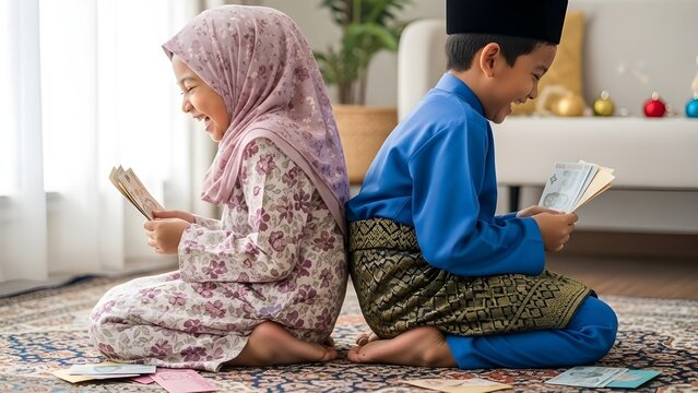Two happy Malay children in traditional Baju Kurung and Baju Melayu sitting back-to-back on a carpet, joyfully counting their Raya money.