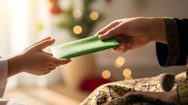 Close-up of an adult's hand giving a green "duit raya" money packet to a child's hand, symbolizing generosity during Hari Raya celebrations