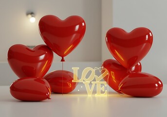 Three Red Heart Balloons with LOVE Sign Decoration